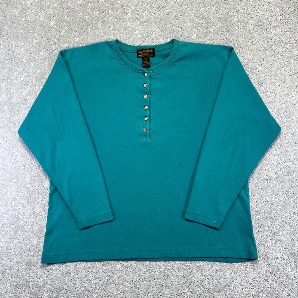 VINTAGE Eddie Bauer Shirt Womens Large Teal Henley Long Sleeve Cotton Grunge 90s